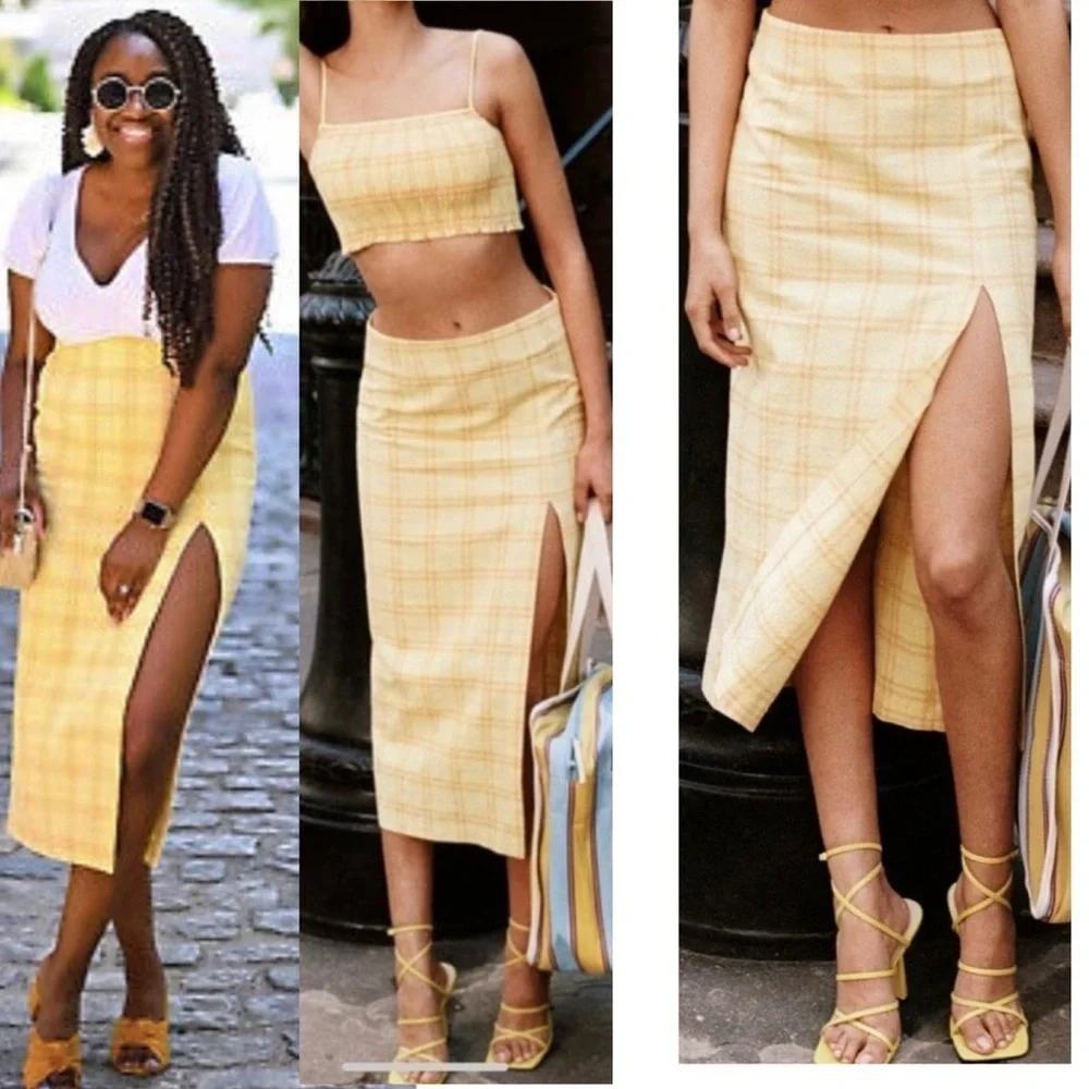 Zara NWT yellow Plaid Midi High Waisted Skirt Front Slit At Hem Sz XS bloggers - Picture 2 of 14